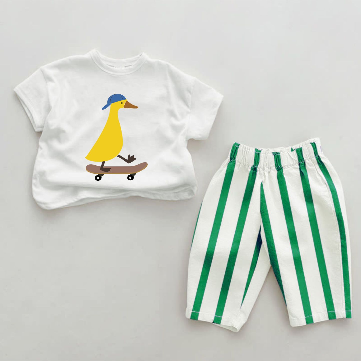 Baby Skateboarding Duck Print Green Striped 2-piece Set - Green&White - 2-3T - image 1
