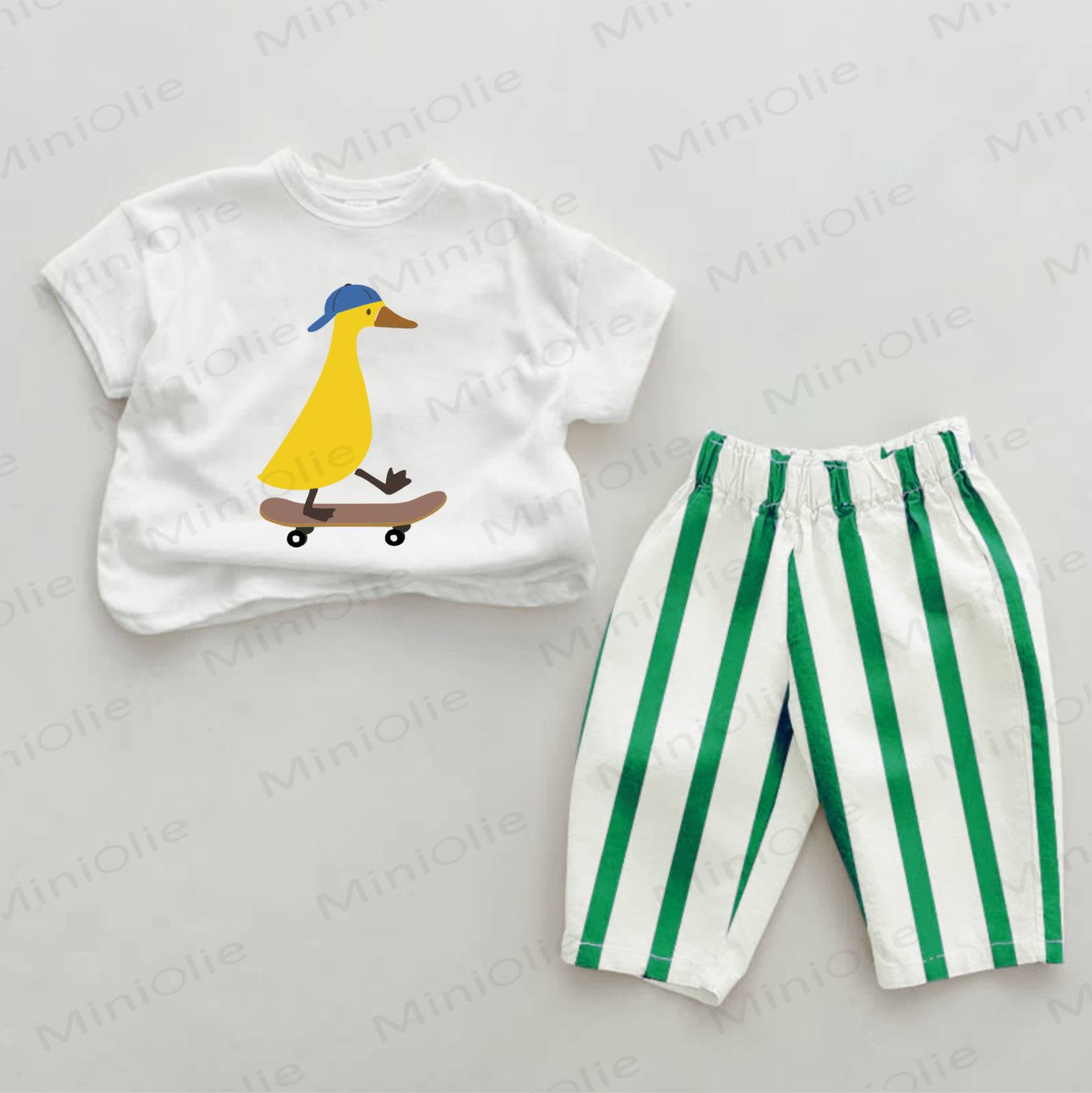 Baby Skateboarding Duck Print Green Striped 2-piece Set - Green&White - 2-3T - image 1