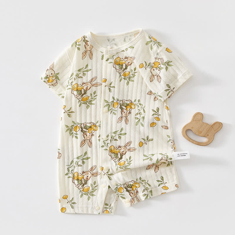 Baby Animal Print Soft Ribbed Short Sleeve Romper - White Lemon Bunny - 18-24M - image 3