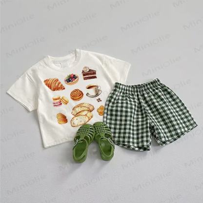 Baby Bread Tee and Plaid Shorts 2-Piece Set - White&Green - 3-5T - image 1