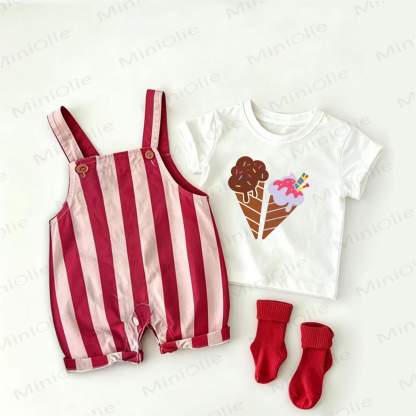 Baby Ice Cream Print Red Stripe Overalls and White Tee 2-piece Set - White&Red - 2-3T - image 1