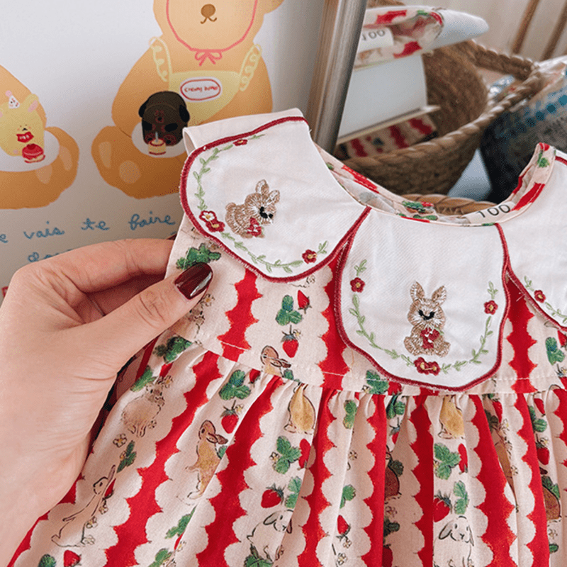 Toddler Red Embroidered Bunny Strawberry Dress - image 12