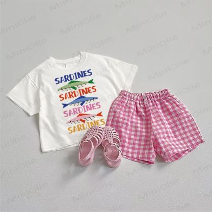 SARDINES Baby Tee and Plaid Shorts 2-Piece Set - White&Pink - 3-5T - image 1