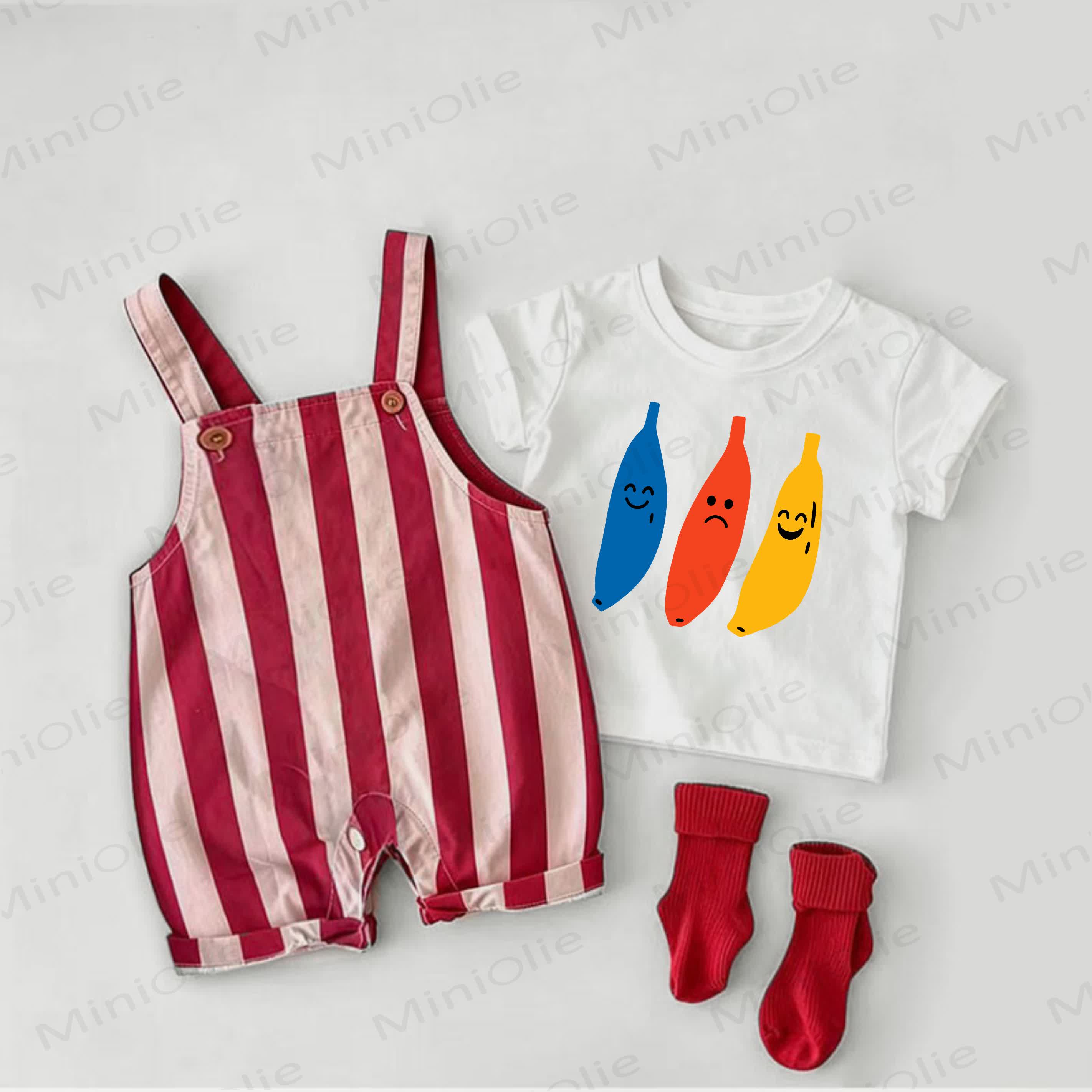 Baby Banana Print Red Stripe Overalls and White Tee 2-piece Set - White&Red - 2-3T - image 1