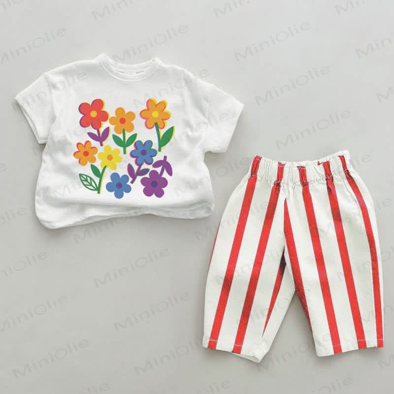 Baby Flower Print Red Striped 2-piece Set - White&Red - 2-3T - image 1