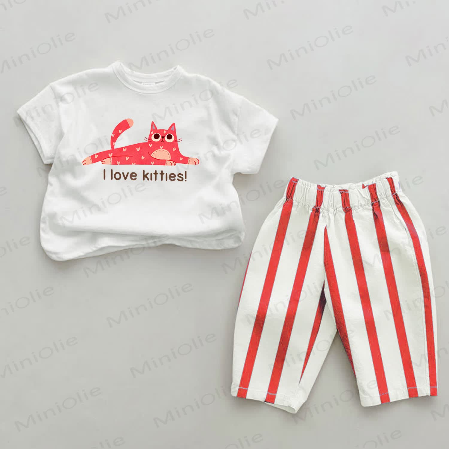 I LOVE KITTIES Baby Cat Print Red Striped 2-piece Set - White&Red - 2-3T - image 1