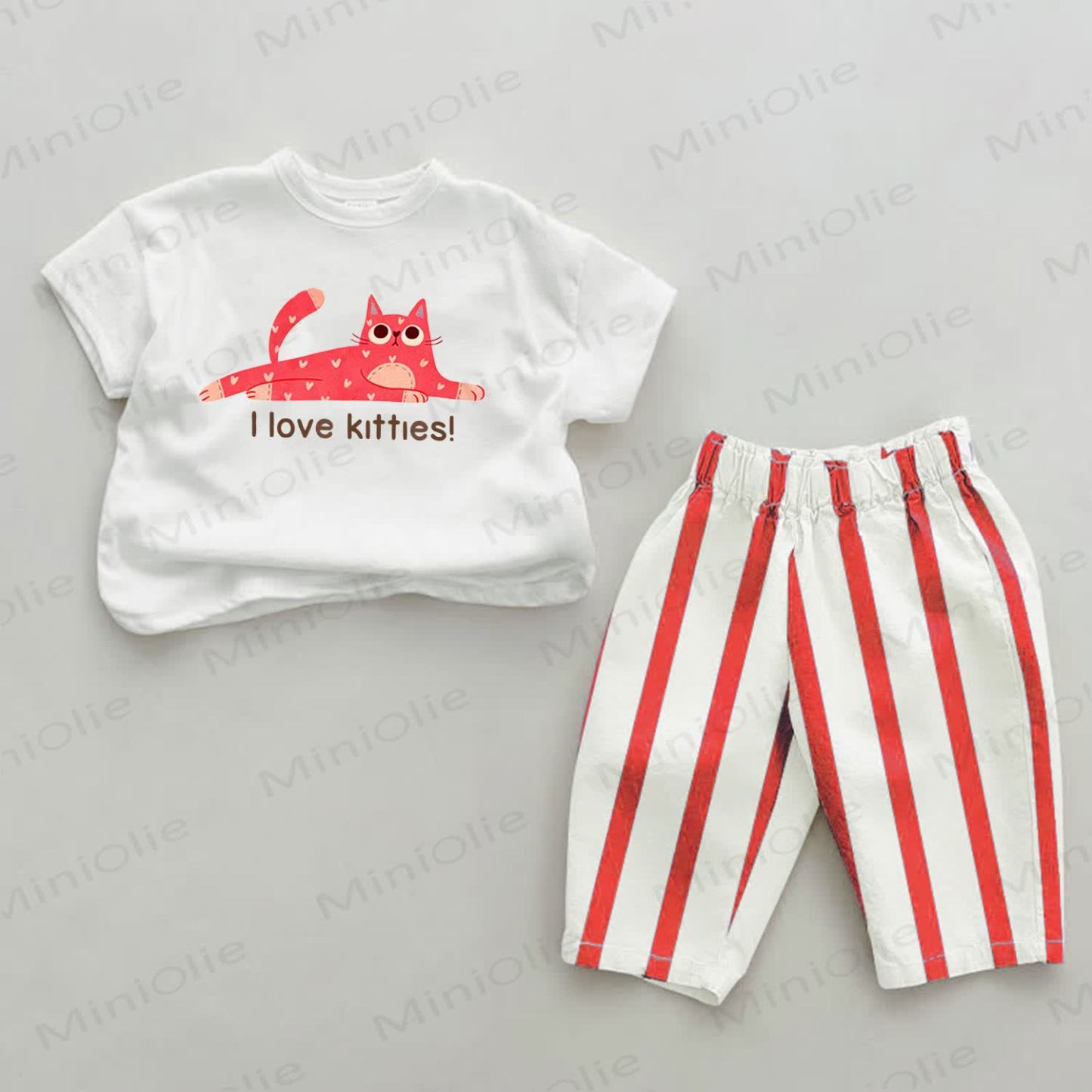 I LOVE KITTIES Baby Cat Print Red Striped 2-piece Set - White&Red - 2-3T - image 1