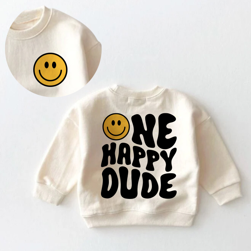 ONE HAPPY DUDE Baby Toddler Smiling Face Sweatshirt - Cream - 3-5T - image 1