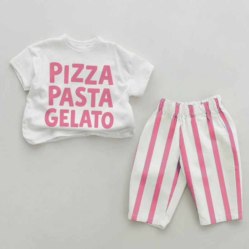 PIZZA PASTA GELATO Baby Girl Slogan Pink Vertical Striped 2-piece Set - White&Pink - 2-3T - image 1