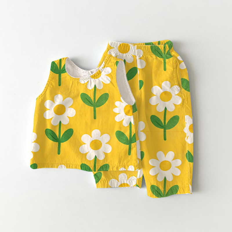 Baby Toddler Yellow Colorful Floral Short-Sleeve Set - Yellow - 3-4T - image 1