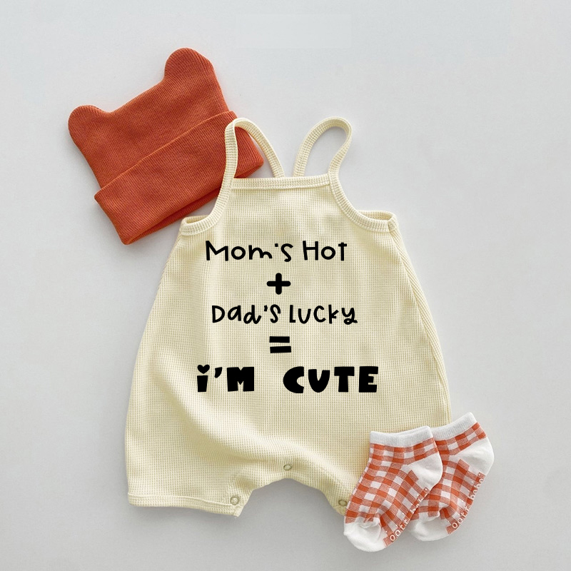 MOM'S HOT+DAD'S LUCKY=I'M CUTE Baby Waffle Suspenders Romper - Beige - 18-24M - image 1