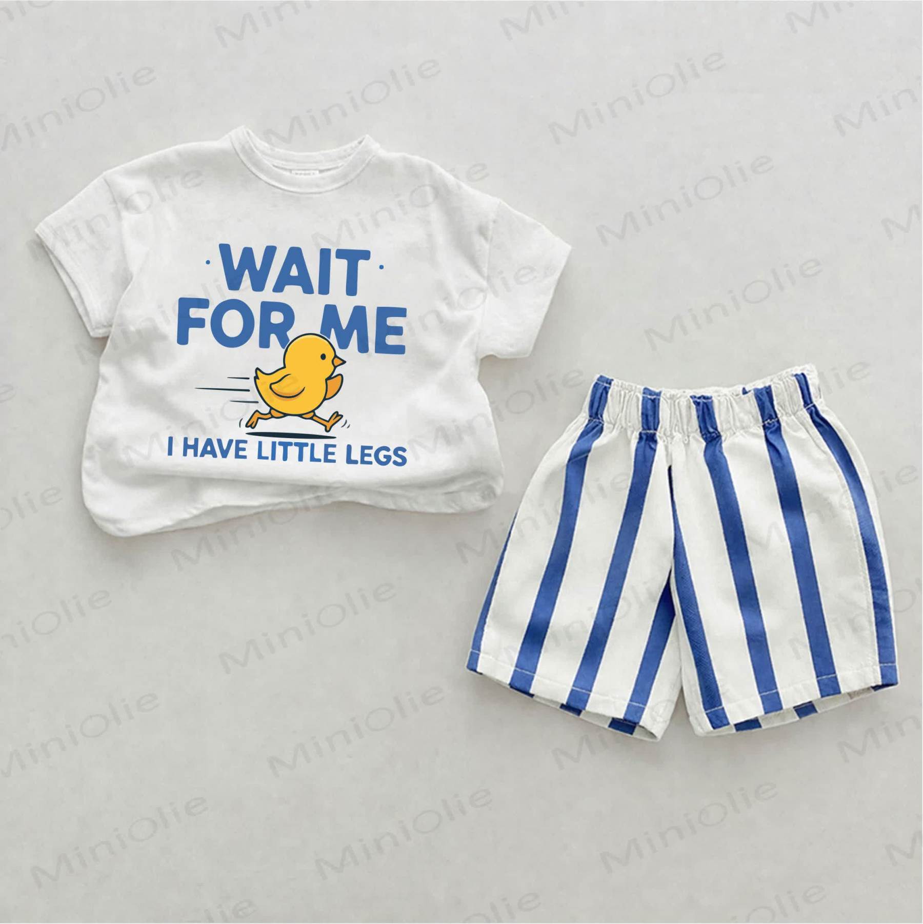 WAIT FOR ME I HAVE LITTLE LEGS Baby Chick Print Blue Vertical Striped 2-piece Shorts Set - White&Blue - 2-3T - image 1