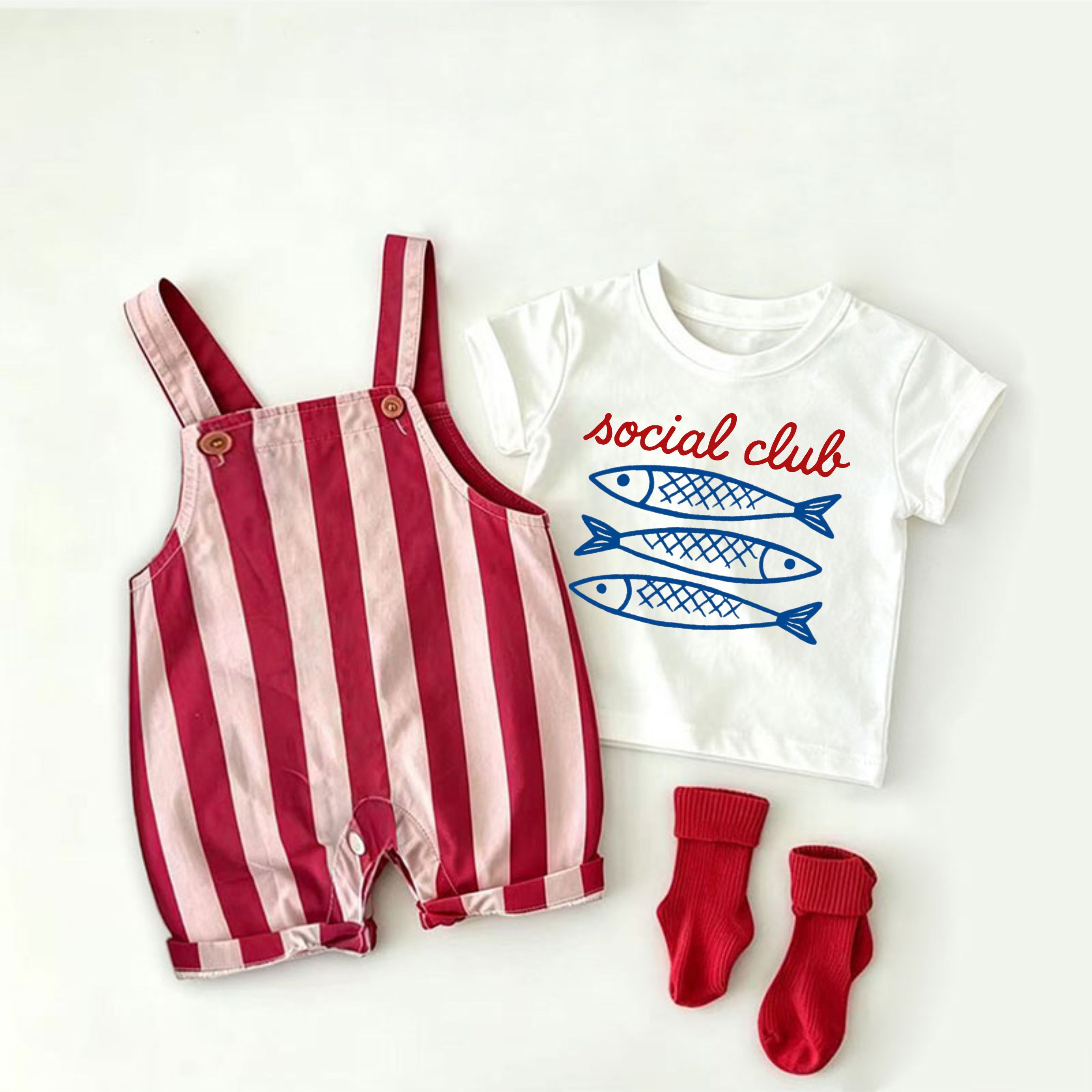 SOCIAL CLUB Baby Sardines Print Red Stripe Overalls and White Tee 2-piece Set - White&Red - 2-3T - image 1