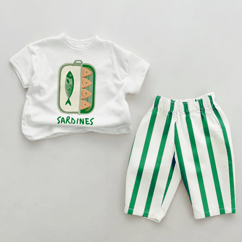 SARDINES Baby Green Canned Sardines Vertical Striped 2-piece Set - White&Green - 2-3T - image 1