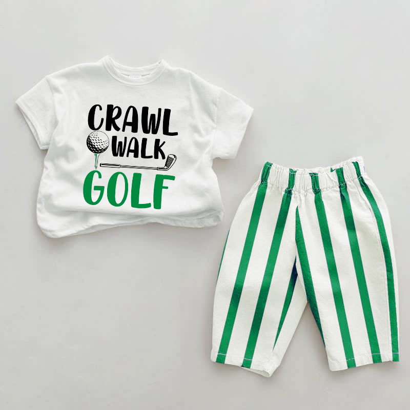CRAWL WALK GOLF Baby Slogan Green Vertical Striped 2-piece Set - White&Green - 2-3T - image 1