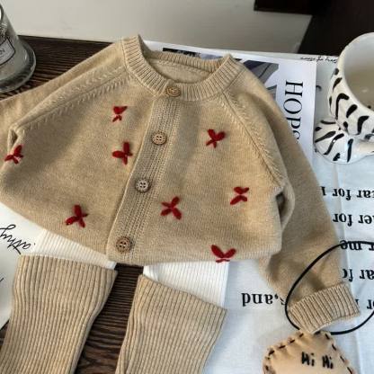 Toddler Kid Girl Bow Knitted Coffee Sweater/Leggings - Coffee Sweater - 12Y - image 3