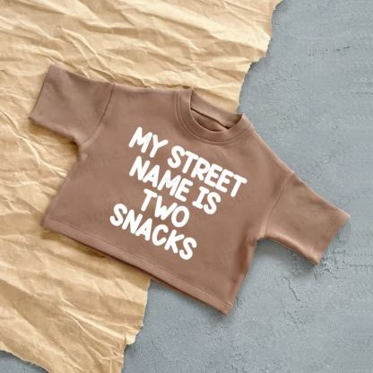MY STREET NAME IS TWO SNACKS Baby Summer Casual T-Shirt - Brown - 2-3T - image 3