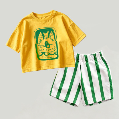 Baby Canned Sardines Yellow&Green Top and Striped Shorts 2-piece Set - Yellow&Green - 2-3T - image 1