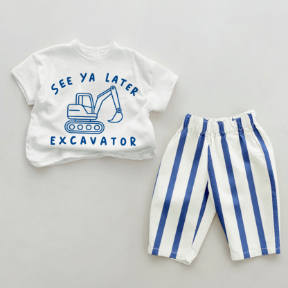 SEE YA LATER EXCAVATOR Baby Blue Vertical Striped 2-piece Set - White&Blue - 2-3T - image 1
