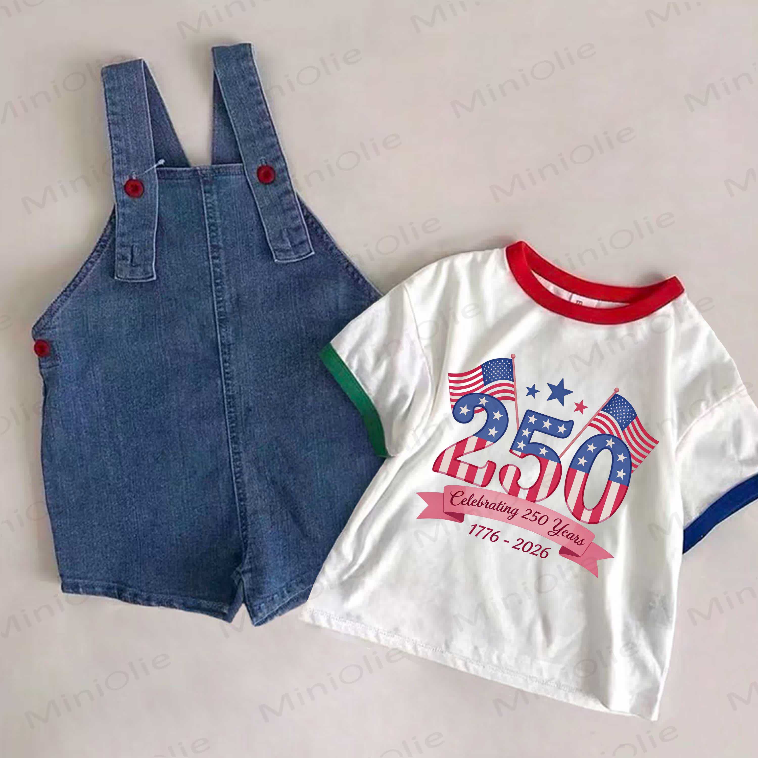 Celebrating 250 years 1776-2026 Baby Denim Blue Overalls and Independence Day Print White Tee 2-piece Set - White&Blue - 2-3T - image 1