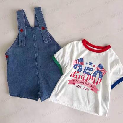 Celebrating 250 years 1776-2026 Baby Denim Blue Overalls and Independence Day Print White Tee 2-piece Set - White&Blue - 2-3T - image 1