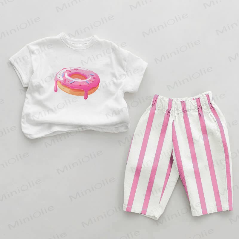 Baby Girls Doughnut Print Pink Vertical Striped 2-piece Set - White&Pink - 2-3T - image 1
