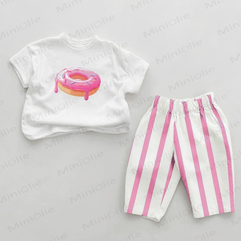 Baby Girls Doughnut Print Pink Vertical Striped 2-piece Set - White&Pink - 2-3T - image 1