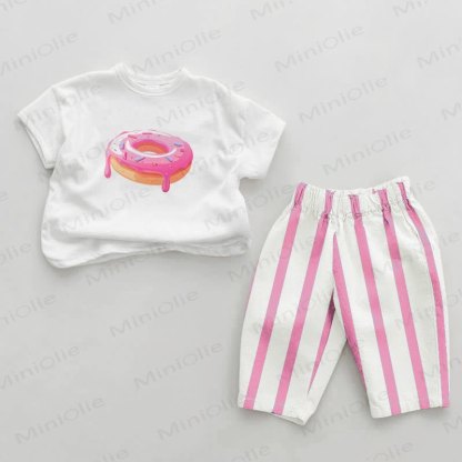 Baby Girls Doughnut Print Pink Vertical Striped 2-piece Set - White&Pink - 2-3T - image 1