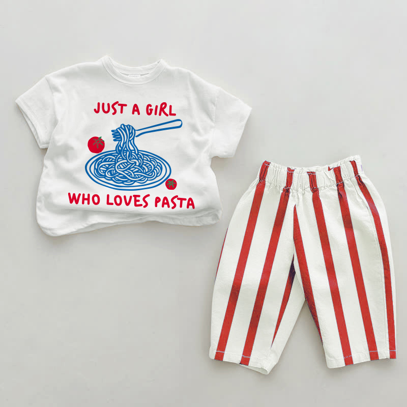 JUST A GIRL WHO LOVES PASTA Baby Tomato Red Vertical Striped 2-piece Set - White&Red - 2-3T - image 1