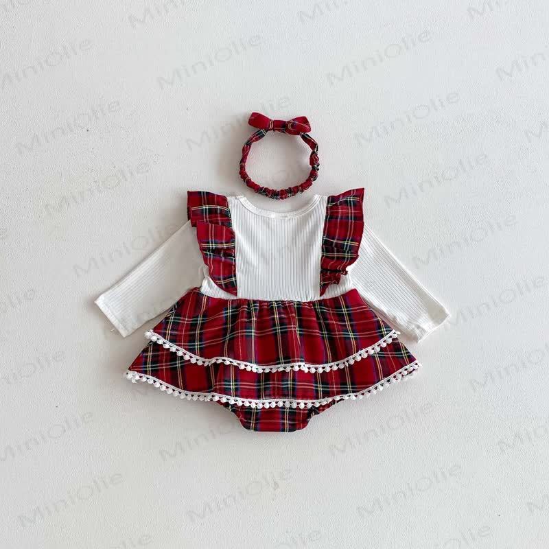 Baby Plaid Daisy Fake 2pcs Bodysuit with Headband - image 3