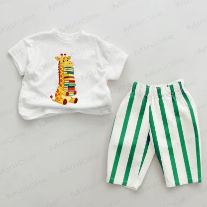 Baby Giraffe Green Vertical Striped 2-piece Set - White&Green - 2-3T - image 1
