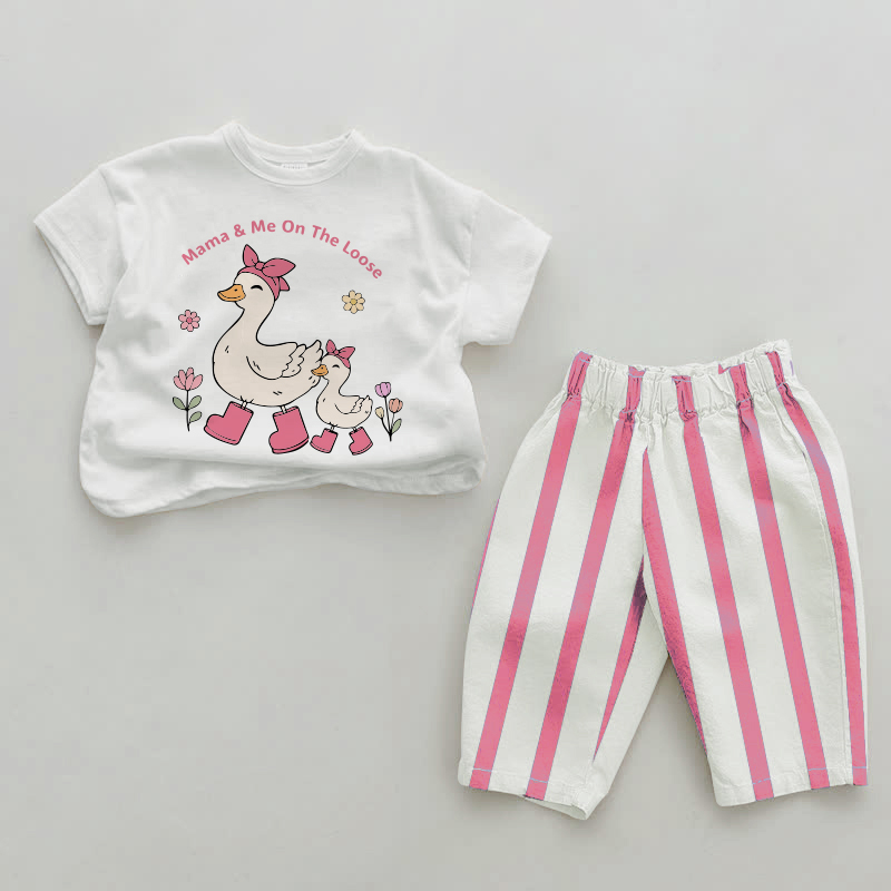 MAMA&ME ON THE LOOSE Baby Goose and Flower Pink Vertical Striped 2-piece Set - White&Pink - 2-3T - image 1