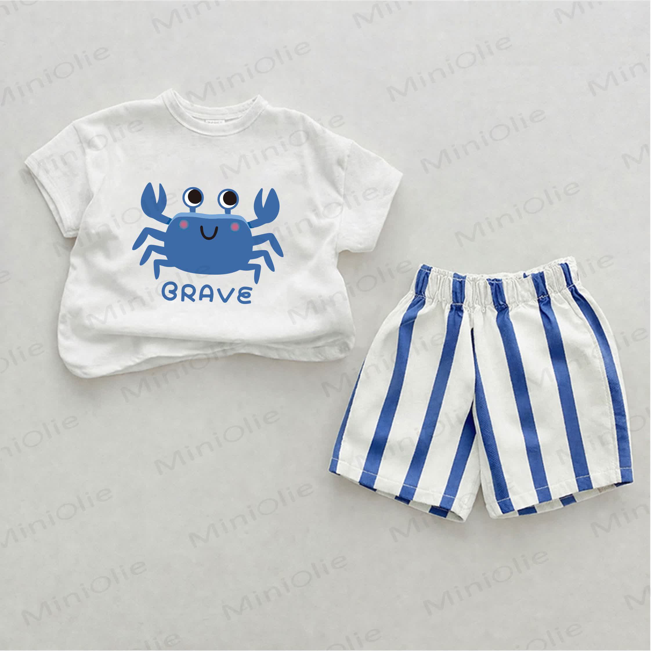 BRAVE Baby Crab Print Blue Vertical Striped 2-piece Shorts Set - White&Blue - 2-3T - image 1