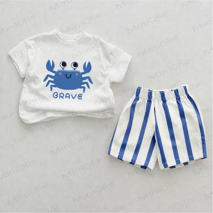 BRAVE Baby Crab Print Blue Vertical Striped 2-piece Shorts Set - White&Blue - 2-3T - image 1