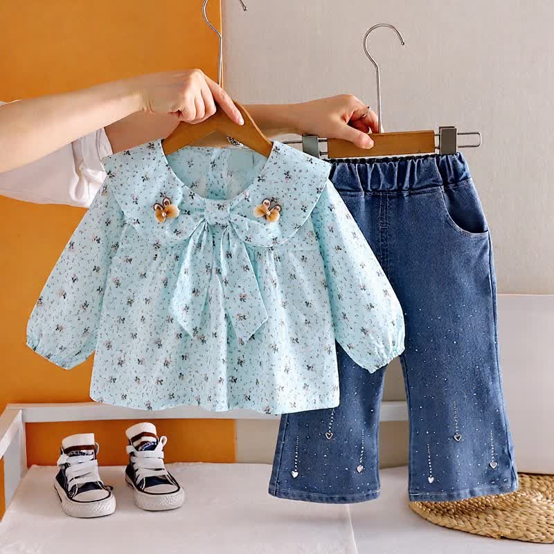 Toddler Girl Long Sleeve Floral Blouse and Denim Pants 2-piece Set - Blue - 4-5T - image 4