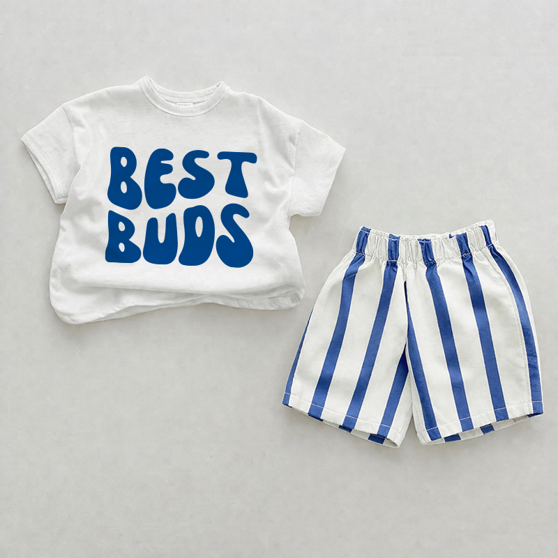 BEST BUDS Baby Blue Vertical Striped 2-piece Shorts Set - White&Blue - 2-3T - image 1
