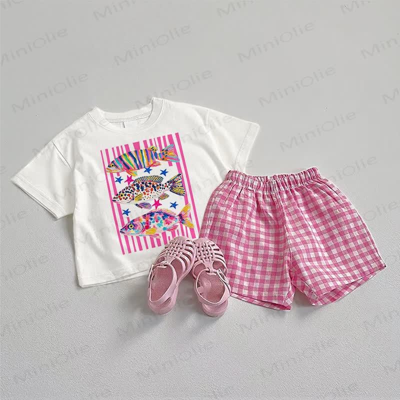 Baby Colorful Fish Tee and Plaid Shorts 2-Piece Set - White&Pink - 3-5T - image 1