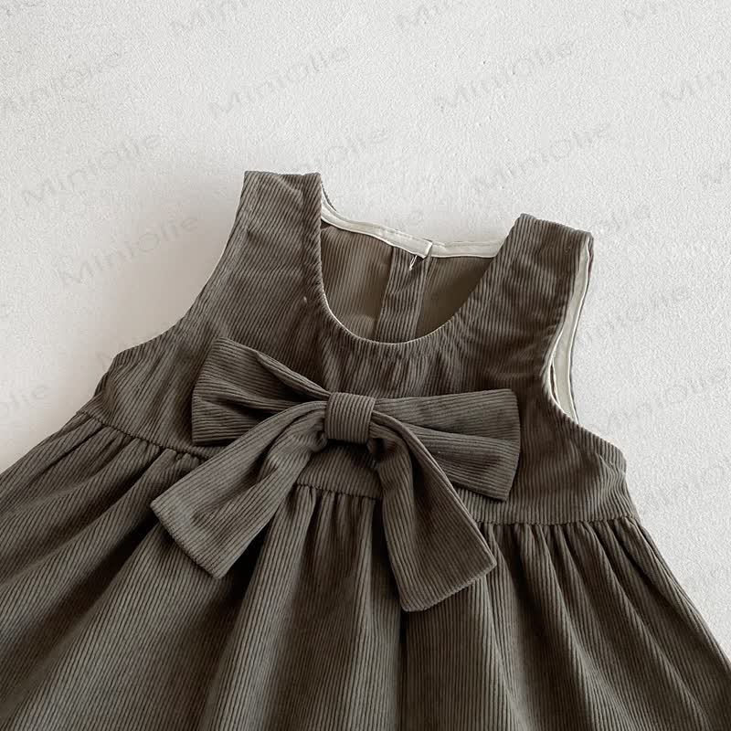 Toddler Girl Cord Bow Green Sleeveless Dress/Beige Baby Collar Top - image 11