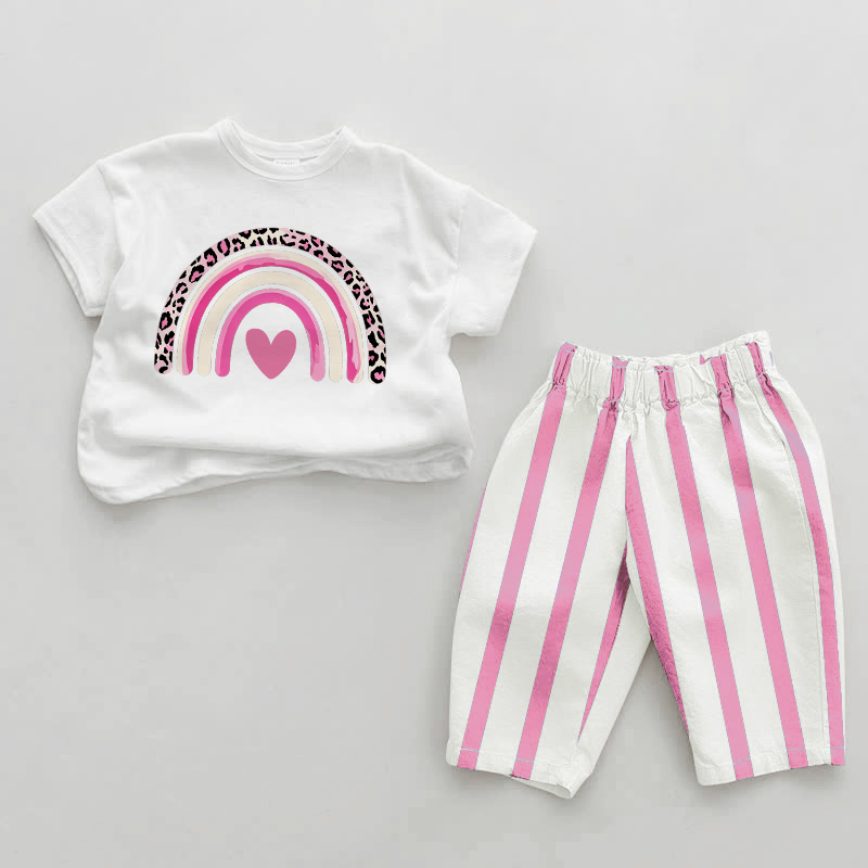 Baby Leopard Print Rainbow Pink Vertical Striped 2-piece Set - White&Pink - 2-3T - image 1