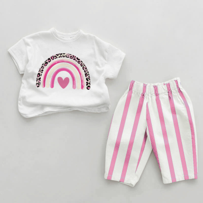Baby Leopard Print Rainbow Pink Vertical Striped 2-piece Set - White&Pink - 2-3T - image 1