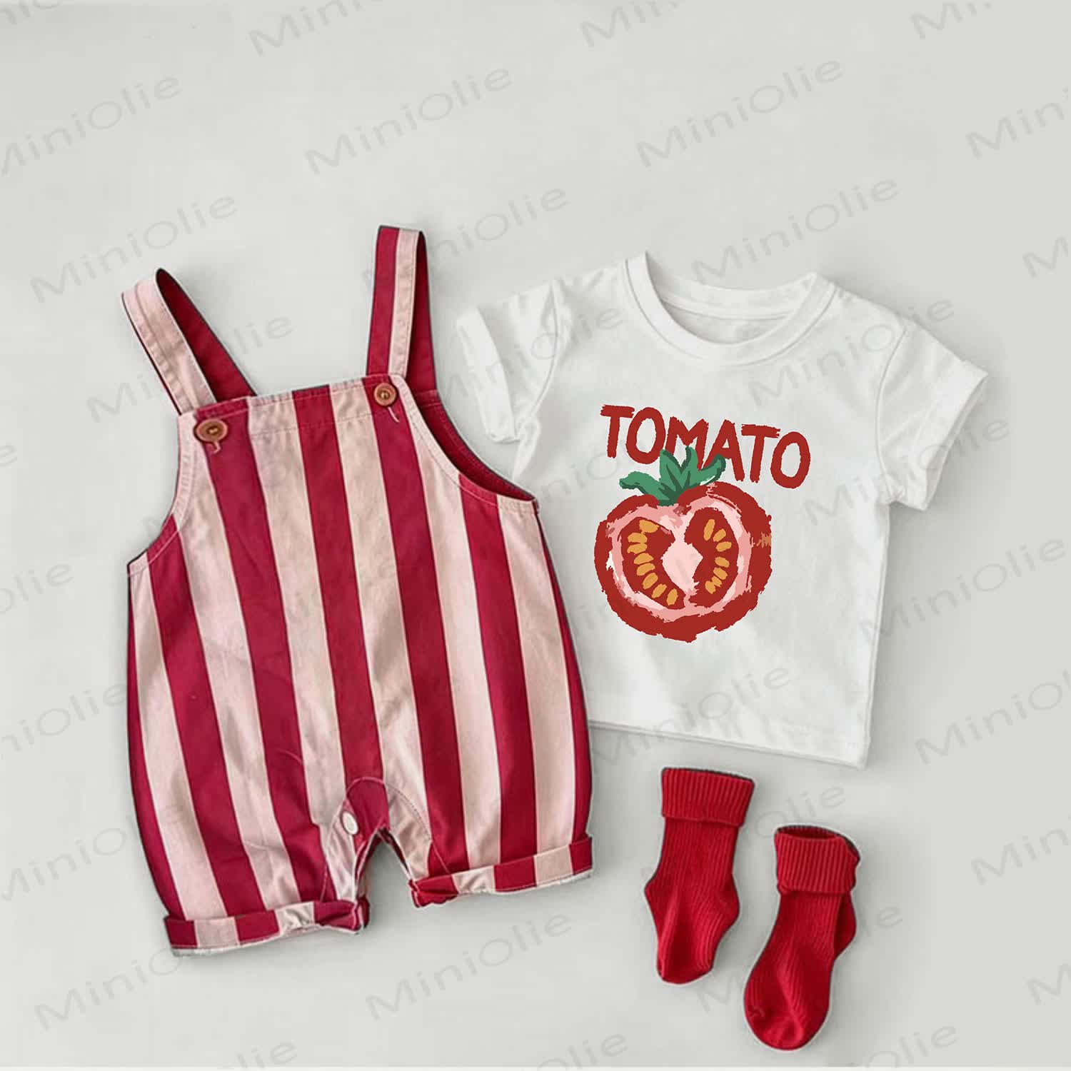TOMATO Baby Tomato Print Red Stripe Overalls and White Tee 2-piece Set - White&Red - 2-3T - image 1