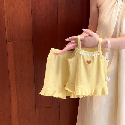 Baby Toddler Girl Heart Lace Trim Ribbed Cami Top and Shorts 2-piece Set - Yellow - 4-5T - image 4