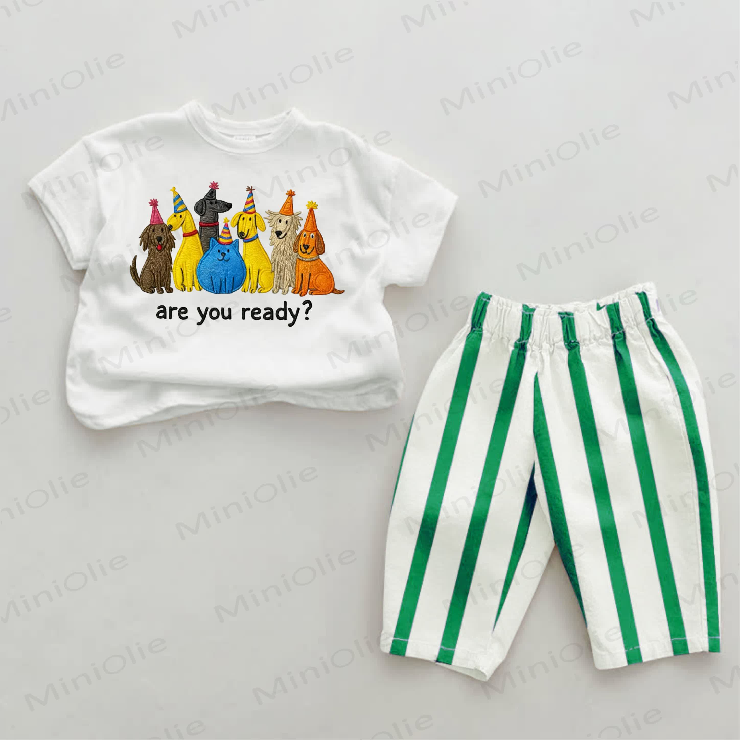ARE YOU READY? Baby Green Animals Print Vertical Striped 2-piece Set - White&Green - 2-3T - image 1