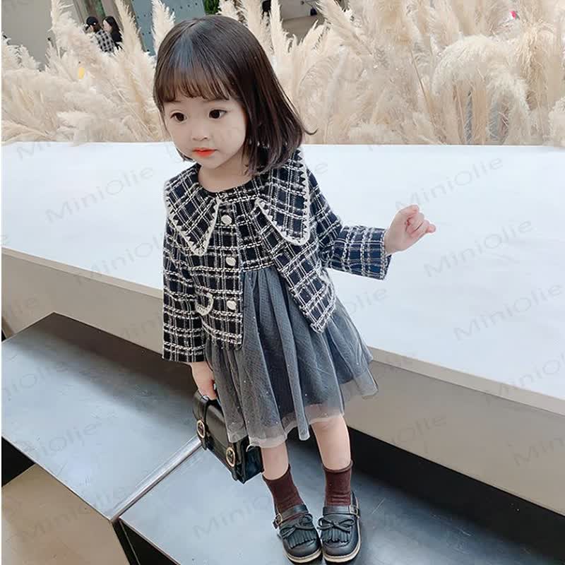 Toddler Girl Plaid Mesh Lapel Dress - Black - 10Y - image 5