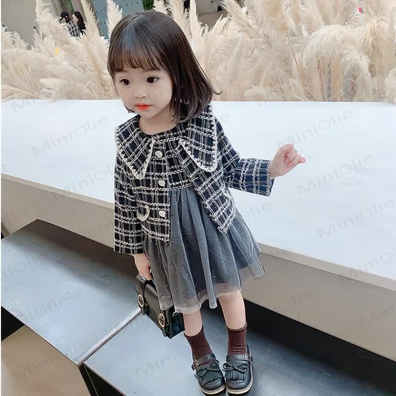 Toddler Girl Plaid Mesh Lapel Dress - Black - 10Y - image 5