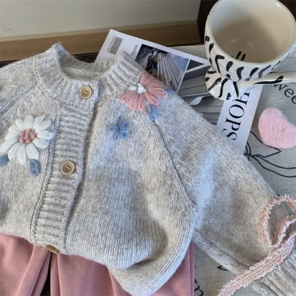 Toddler Kid Girl Flower Knitted Grey Sweater/Leggings - Grey Sweater - 12Y - image 3