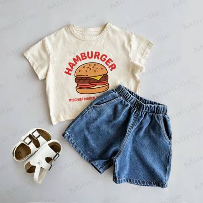 HAMBURGER Baby Toddler Hamburger Print Tee and Denim Shorts 2-Piece Set - Beige - 3-5T - image 1