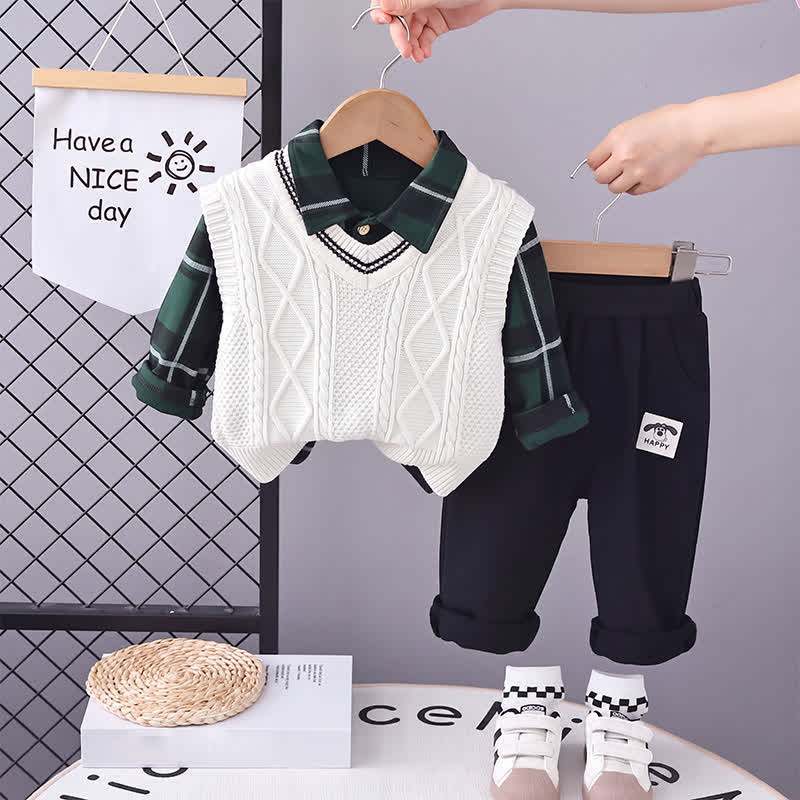 Toddler Boy Vintage Animal/Smiley Face Set - Green Plaid 3-piece Set - 4-5T - image 25