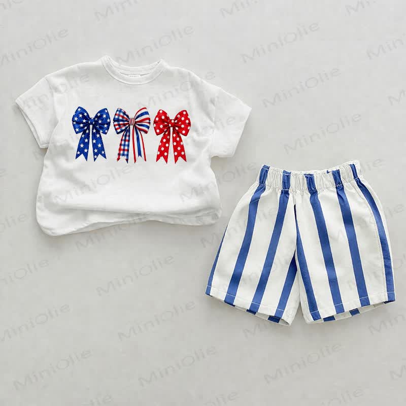 Baby Independence Day Bow Vertical Striped 2-piece Shorts Set - White&Blue - 2-3T - image 1