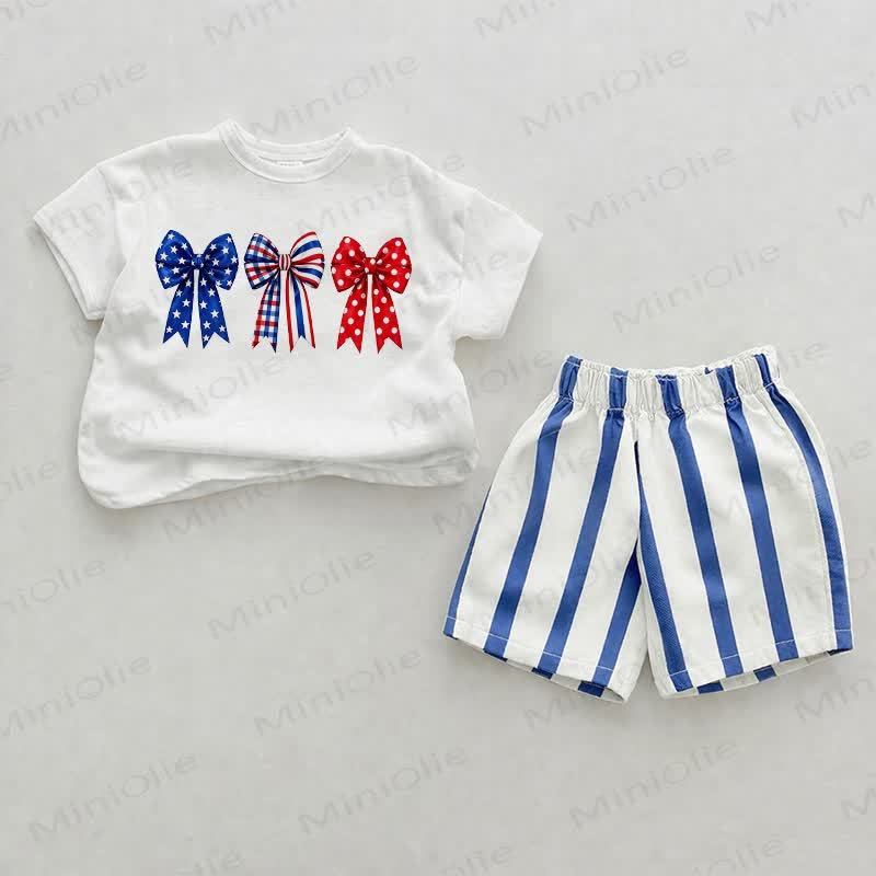 Baby Independence Day Bow Vertical Striped 2-piece Shorts Set - White&Blue - 2-3T - image 1
